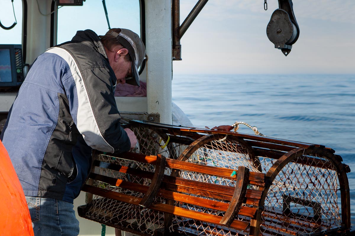 Bruce repairs a wooden lobster pot